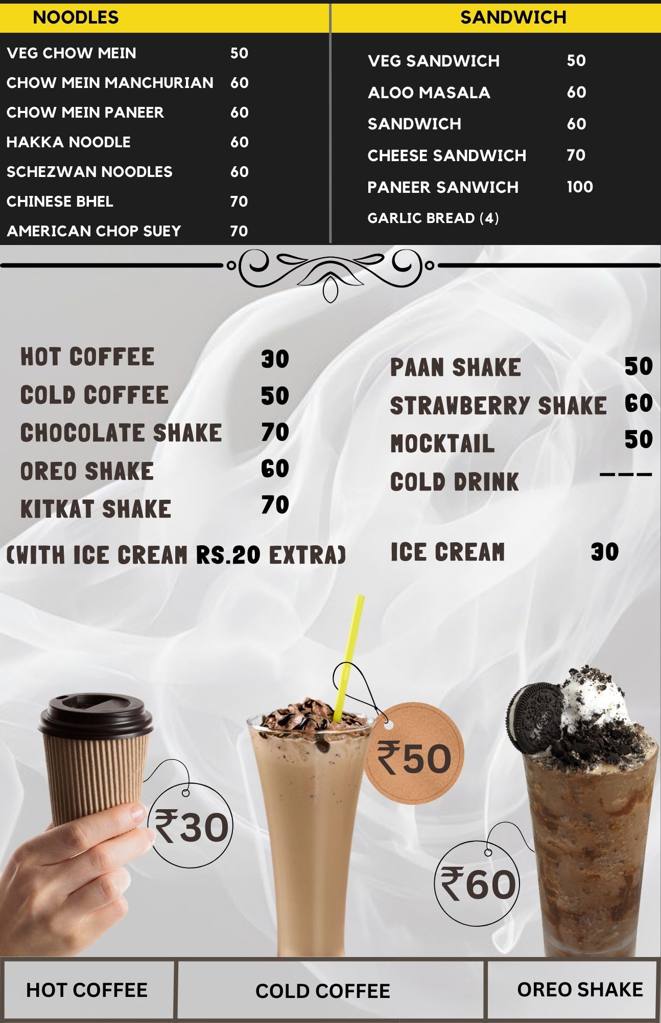 Beverages & Noodles Menu